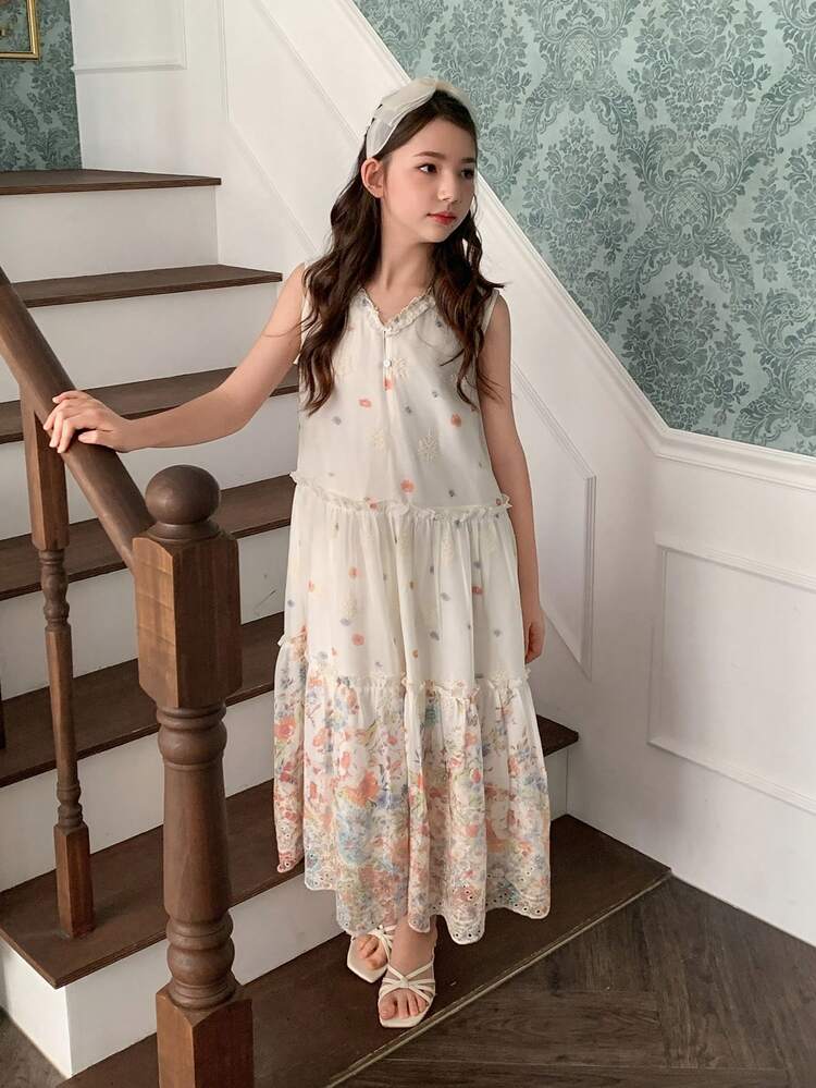 Tween Girls Sweet Tie Collar Floral Sleeveless Dress Summer