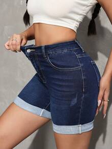 SHEIN Tall Women's Summer Casual High Waist Denim Shorts High-Stretch, Comfortable Fabric Cuffed Hem Dark Blue Stretchy Jean Shorts With Pockets Perfect For Beach & Vacation Outfits Women's Solid Color Casual Denim Shorts - Dark Wash - View 7
