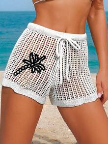 Swim Vcay 女士镂空白色棕榈树刺绣沙滩罩衫短裤套装，春夏款 - 白色 - 查看 1