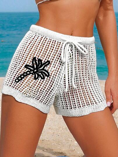 Swim Vcay 女士镂空白色棕榈树刺绣沙滩罩衫短裤套装，春夏款