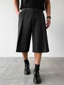 Manfinity Hypemode Men's Black Crisp Loose Straight Leg 7/8 Pants,Summer Basic Casual City Break Pleated Oversized Baggy Wide Leg Shorts For Man,Fashionable Gift For Him - Black - View 4