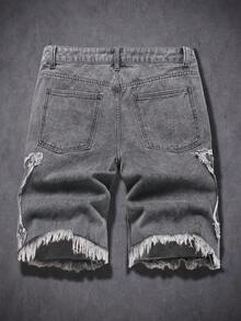 Manfinity EMRG Quần short Bermuda denim dáng rộng thời trang đường phố dành cho nam, đính họa tiết ngôi sao và đinh tán. - Xám - Xem 2