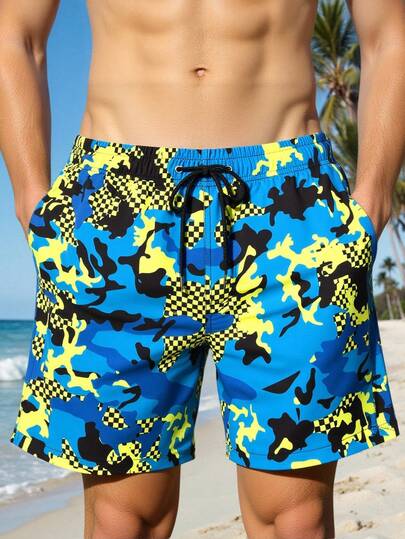 Manfinity Swimmode Quần short đi biển nam in họa tiết rằn ri, có dây rút ở eo và túi.