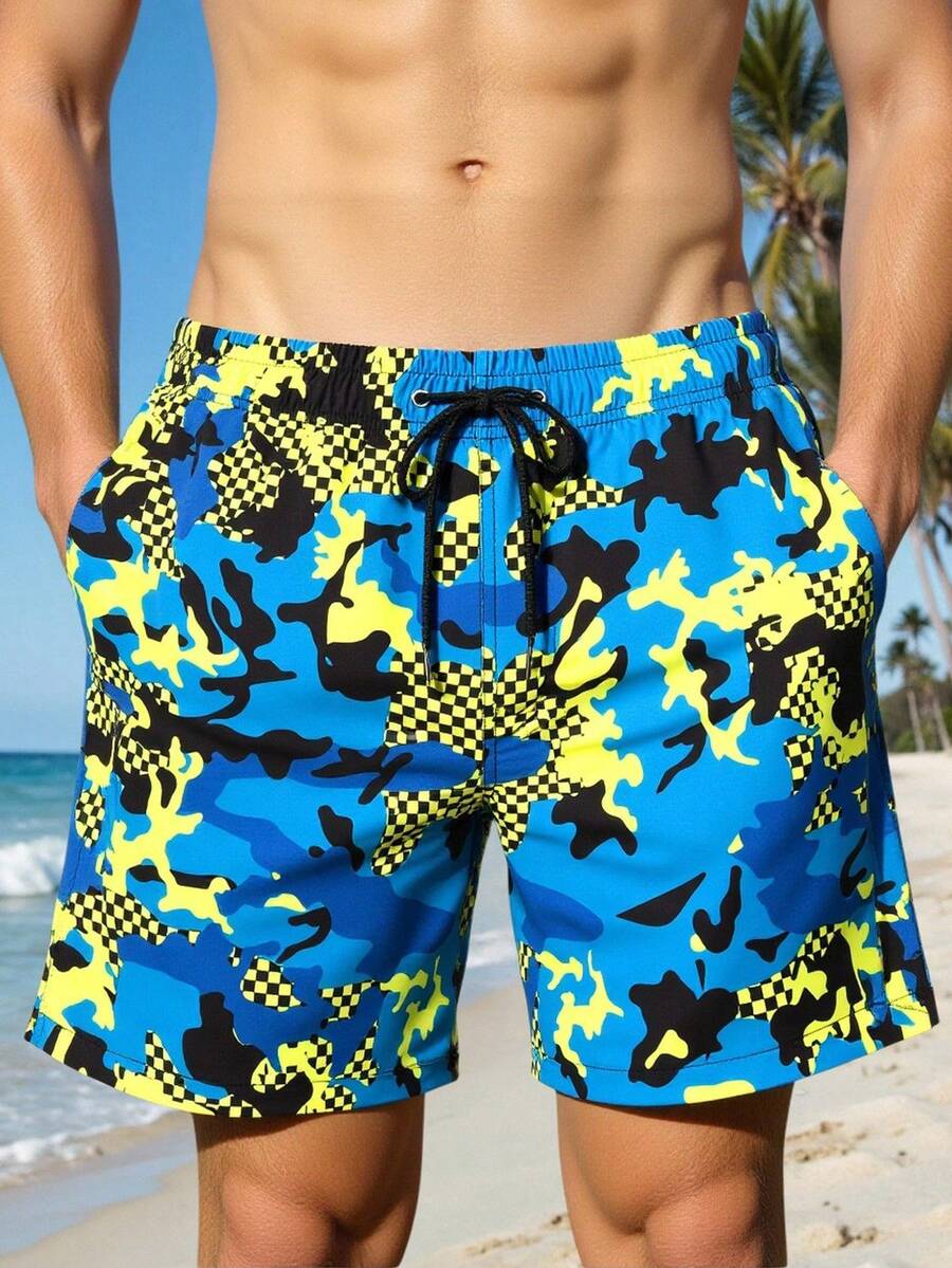 Manfinity Swimmode Quần short đi biển nam in họa tiết rằn ri, có dây rút ở eo và túi. - màu xanh lá - Xem 1