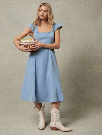 WESTFADE Square Neck Shirred Cap Sleeve Fit & Flare Cotton Blend Chambray Denim Midi Dress Spring, Resort Wear, Summer, Vacation, Beach, Festival, Stagecoach, Coachella, Casual, Cute, Boho, Nashville, Cowgirl, Rodeo, Country Concert Outfit, Western Wear For Women