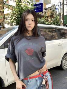 DAZY Áo thun nữ tay ngắn cổ tròn in họa tiết phong cách đường phố Hàn Quốc mùa hè. - Xám - Xem 3