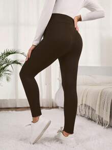 SHEIN Adjustable Waist Casual Leggings With Heart Print For Pregnant Women - Coffee Brown - View 2