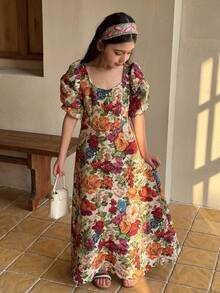 DAZY Tween Girl Floral Jacquard Petal Sleeve Mini Dress - Red - View 1