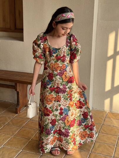 DAZY Tween Girl Floral Jacquard Petal Sleeve Mini Dress