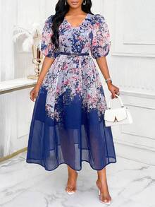SHEIN Lady 女士印花V领花瓣袖连衣裙，优雅假日风 - 藍色 - 查看 8