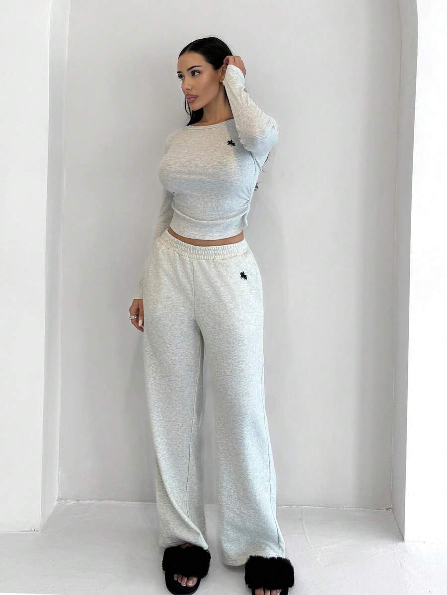 Shopreo Old Money Women's Round Neck Rib-Knit Long Sleeve Set With Animal Detail, Perfect For Everyday Comfortable Two Piece Set Long Sleeve Two Piece Set - Light Grey - View 1