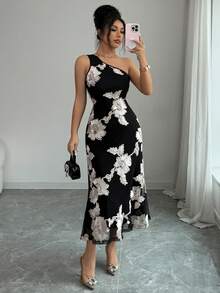 DAZY Đầm nữ thanh lịch in hoa, thiết kế bất đối xứng vai, dáng dài ngang gối, thích hợp cho mùa hè, dự tiệc cưới, váy maxi nữ. - màu đen - Xem 5