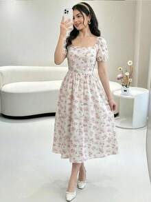 SHEIN 少女春夏碎花泡泡袖褶皱腰A字中长连衣裙，优雅度假风，适合情人节、节日等场合，碎花连衣裙，女士花朵连衣裙，复古连衣裙，泡泡袖长裙，茶会连衣裙 - 粉色 - 查看 3