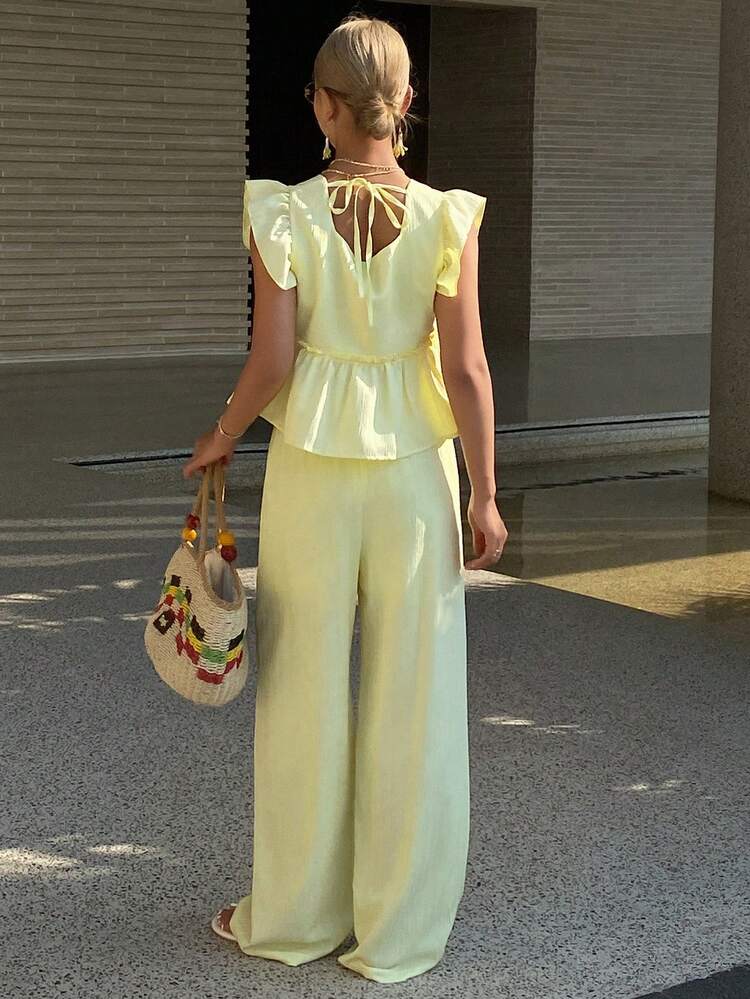 Women's Elegant Solid Color Ruffle Hem Camisole And Wide Leg Pants 2 Pieces Set, Spring/Summer