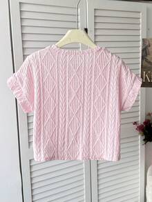 SHEIN Tween Girls' Casual Elegant Rhinestone Handmade 3D Floral Decor Round Neck Raglan Sleeve Textured Loose Knit T-Shirt,Kids - Baby Pink - View 2
