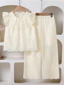 Summer Outfits Tween Girl Hollow Embroidery Round Neck Cap Sleeve Shirt And Wide Leg Pants Casual Suit - White - View 1