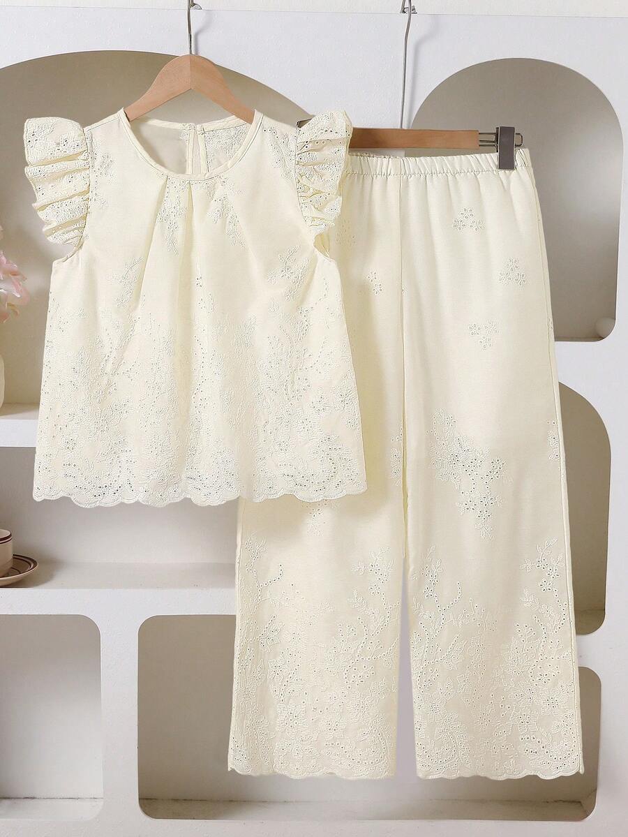 Summer Outfits Tween Girl Hollow Embroidery Round Neck Cap Sleeve Shirt And Wide Leg Pants Casual Suit - White - View 1