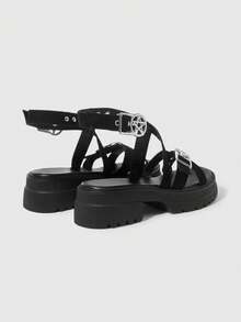 Sugerpunk Dép xăng đan nữ màu đen kiểu La Mã, dép xăng đan dự tiệc phong cách punk rock dây xích tối màu, dép xăng đan hở mũi đính đinh tán kiểu gothic đế xuồng cao gót, giày dép đi nghỉ mát. - Vải đen - Xem 8