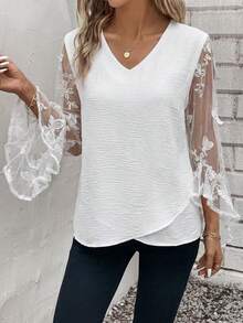 SHEIN Clasi Women's Patchwork Butterfly Embroidered Mesh Flare Sleeve Loose Blouse - White - View 3