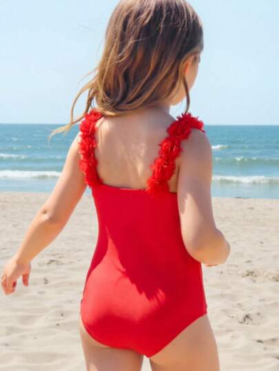 SHEIN Tween Girls/Tween Girl Knitted Striped Bowknot Design 3D Floral One-Piece Swimsuit Girls Pink Bow Swimsuit Girls Striped Swimsuit One Piece Swimsuit Girls Pink One Piece Swimsuit Girls Swimwear