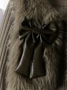 Set de 3 piezas: Chaleco de piel marrón con lazo, camiseta a juego y falda plisada de PU - Café integral - Ver 6