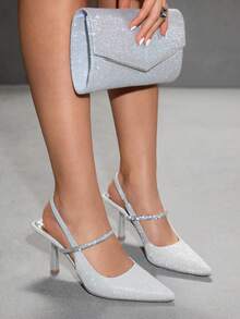 CUCCOO SZL Women's Pointed Toe Glitter Rhinestone Elastic Band Fashionable Elegant Pumps High Heels - Silver - View 3