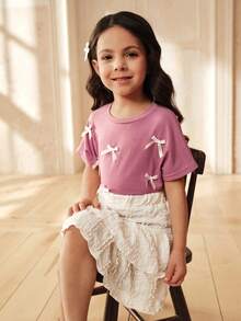 SHEIN Girls Loose Batwing Sleeve T-Shirt With 3D Ribbon Bow,White Double-Layer Cake Skirt Set,Korean Style Summer Family Matching Daily Wear Pink Outfits - Purple - View 1