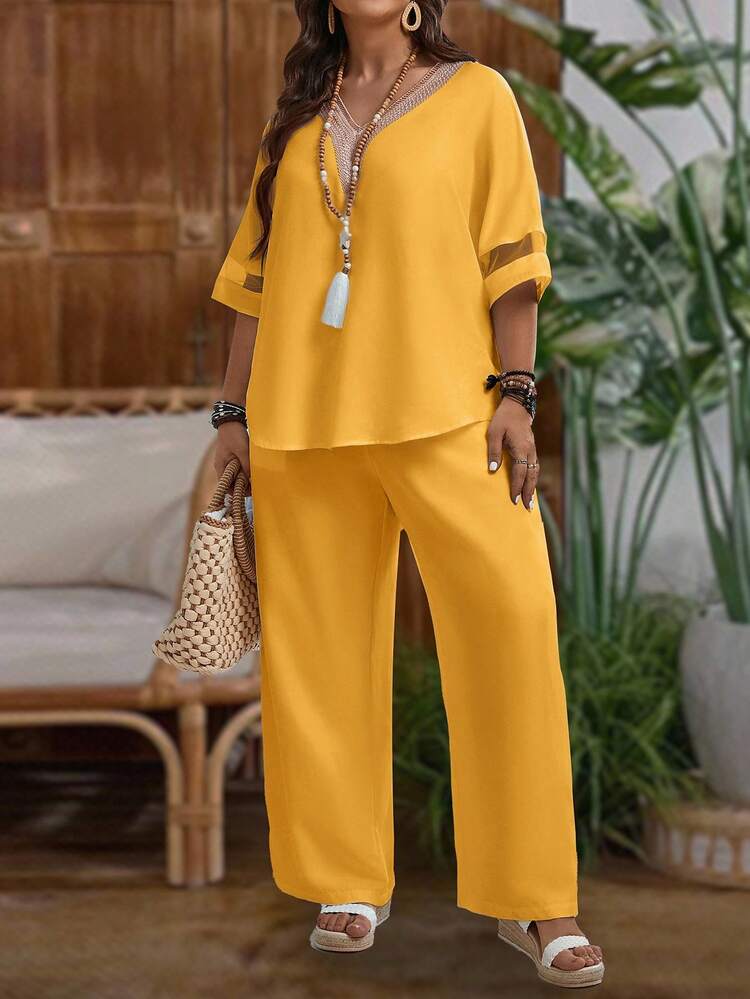 Plus Size Women Vacation Ribbon Trim V-Neck 3/4 Sleeve Shirt And Wide Leg Pants Casual 2 Pieces Set