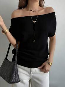 DAZY 女士优雅不对称肩部短袖毛衣 - 黑色 - 查看 4