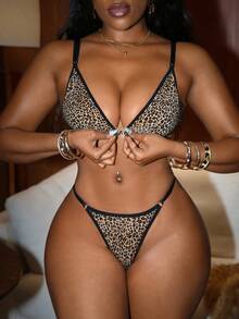 2pcs Sexy Leopard Print Wireless Front Closure Bra Set - Multicolor - View 3