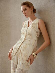 MOTF PREMIUM EMBROIDERED BEADED SLEEVELESS FITTED WAISTCOAT - Apricot - View 6