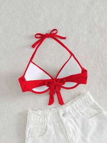 Swim Vcay 纯色扭结抹胸比基尼上衣（随机印花），PUEH UP 带钢圈 - 紅色 - 查看 2