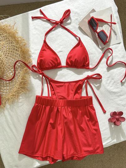 Swim Vcay 2026春夏吊带露背红色亮面高衩系带比基尼套装