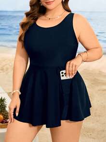 Swim Lushoire Traje de baño de una pieza tipo tankini de unicolor casual de verano para mujer de talla grande - Azul Marino - Ver 1