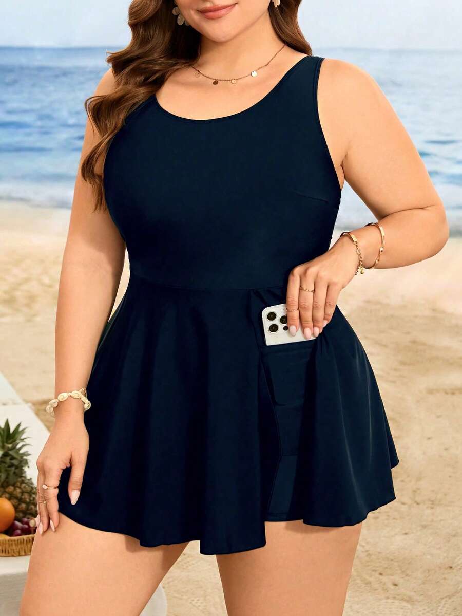 Swim Lushoire Traje de baño de una pieza tipo tankini de unicolor casual de verano para mujer de talla grande - Azul Marino - Ver 1