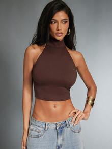 Denimoi Women's Solid Color Halter Neck Metal Decor Fitted Casual Top - Coffee Brown - View 5