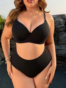 Swim Lushoire 大码女士极简主义沙滩度假休闲黑色纹理钢圈可调节肩带两件式泳衣套装 - 黑色 - 查看 4