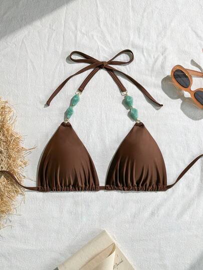 Slaydiva 大码女士复古棕色宝石吊带比基尼上衣，适合海滩度假