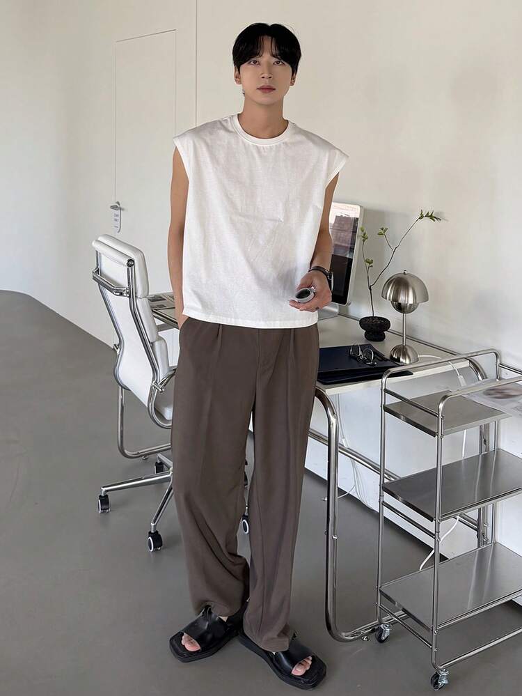 Men's Sleeveless Crew Neck Street Style Short White T-Shirt, Summer