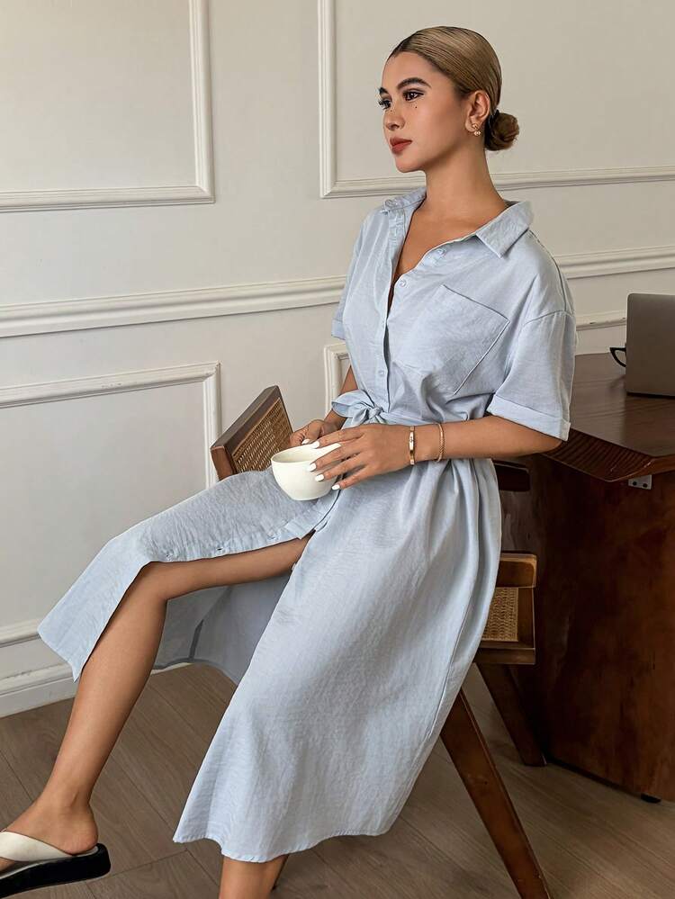 Elegant Minimalist Shirt Dress, Waist Cinched Mid-Length, For Women Home Wear, Spring/Summer