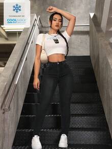 SHEIN ICON Quần jeans nữ cạp cao, có túi, dáng ôm, thoải mái, đa năng. - màu đen - Xem 7