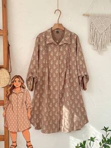 Rusticease Đầm sơ mi dài tay cài cúc đơn xếp ly thêu hoa dành cho nữ cỡ lớn - Nhiều màu - Xem 4