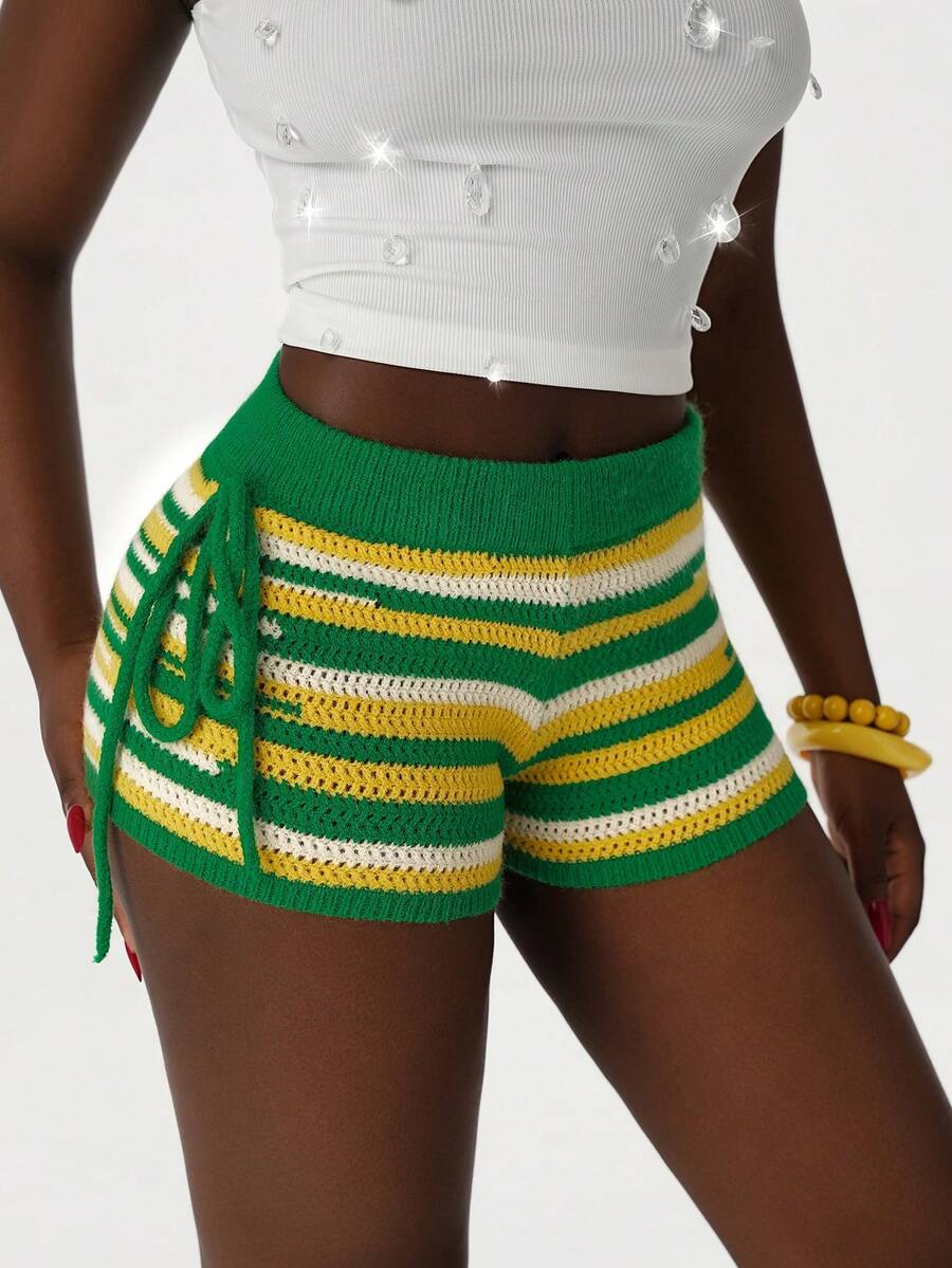 Amplova Y2k Women's Casual Patchwork Knot Design Versatile Daily Wear Knit Shorts Summer Holidays Carnival Costume Spring Women Beach Vacations Women Elegant For Women Vacations Y2k Party Valentine's Day Summer For Women Spring