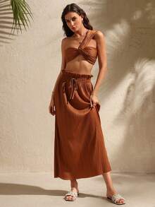 Swim Chiccia Women's Fashion Brown Twist Design Cropped Shoulder Top And Skirt Knit 2 Pieces Set - Brown - View 3