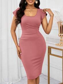SHEIN Lady 女士纯色方领荷叶袖褶裥修身中长连衣裙 - 藕粉色 - 查看 3