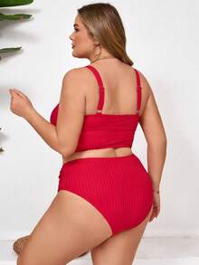 SHEIN CURVE+ 大码女式夏季度假沙滩纯色褶皱吊带背心套装 - 紅色 - 查看 2