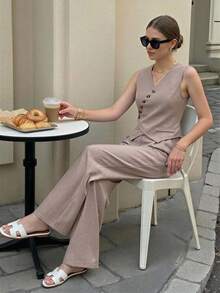 Reset Phase 2件套少女休闲卡其色无袖翻领单排扣马甲+阔腿裤套装，适合上学、活动、比赛、家庭聚会等场合。 - 卡其色 - 查看 1