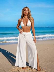 Swim Vcay 2026 Women's Spring/Summer Bohemian Style Elegant Romantic Sexy High Slit Beach Vacation Pants, Flowy Sheer Linen Fabric, Adjustable Drawstring Waist, Suitable For Outings, Beach, Afternoon Tea, Picnics, Parties - White - View 6