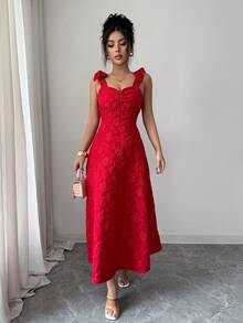 Elenzga Women's Bowknot Strap Textured Jacquard Cinched Waist Camisole Dress - Red - View 3