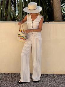 DAZY Women's Casual Striped V-Neck Faux Pocket Camisole And Wide Leg Pants 2-Piece Set, Spring/Summer Short Sets For Women - Beige - View 3